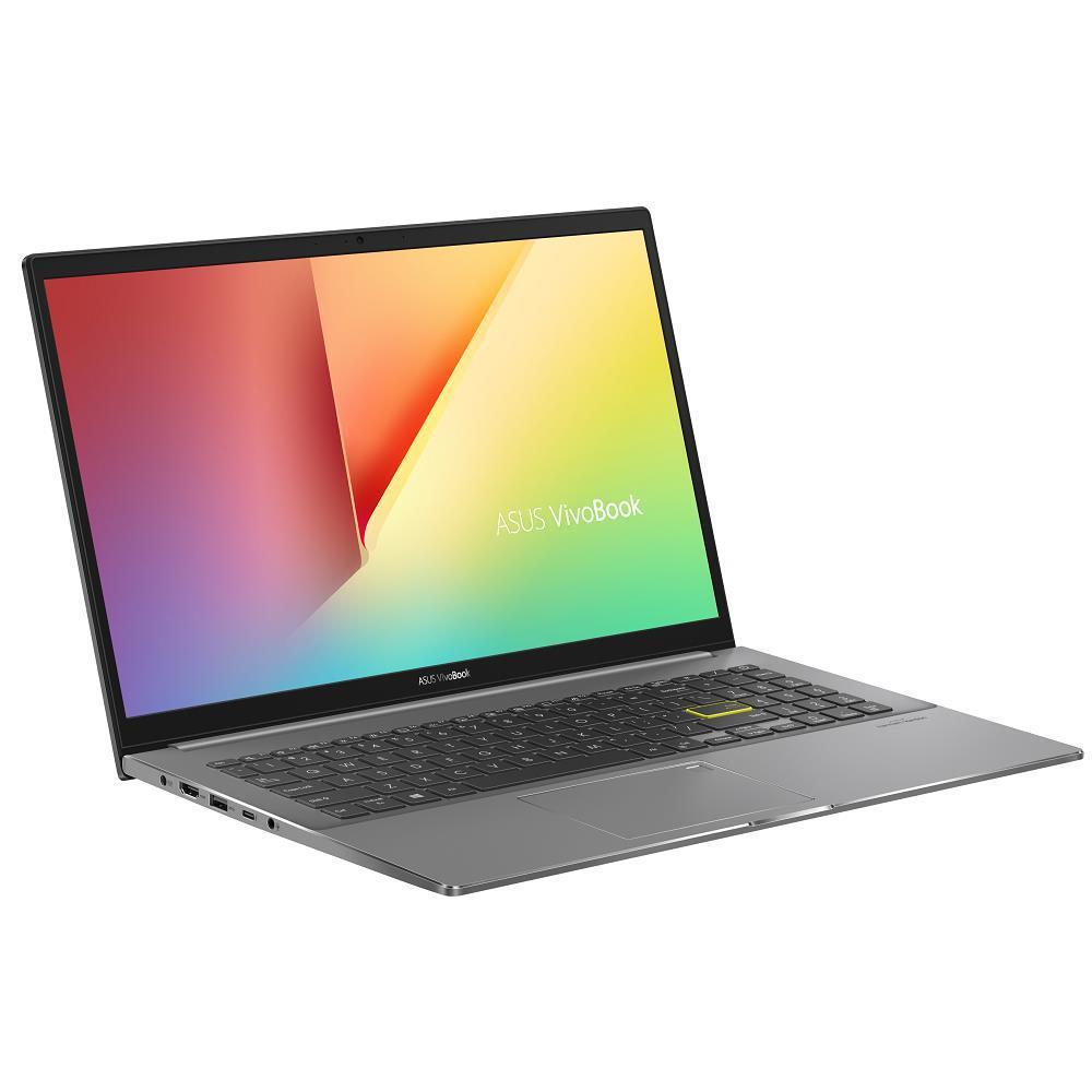 Asus VivoBook S15 laptop with a 15.6-inch FHD display, Intel i5 processor, and sleek black design.